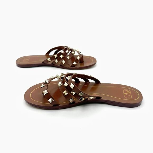 VALENTINO Rockstud Flair Cage Brown Leather Sandal Size 38 Flip Flop Studded - Picture 8 of 12